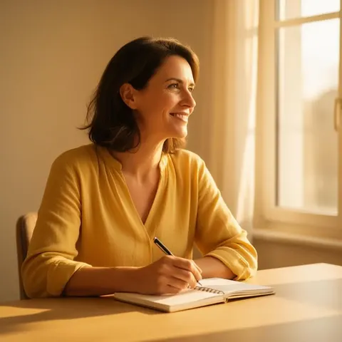 Une personne en pleine réflexion sur sa reconversion, lumière chaleureuse
